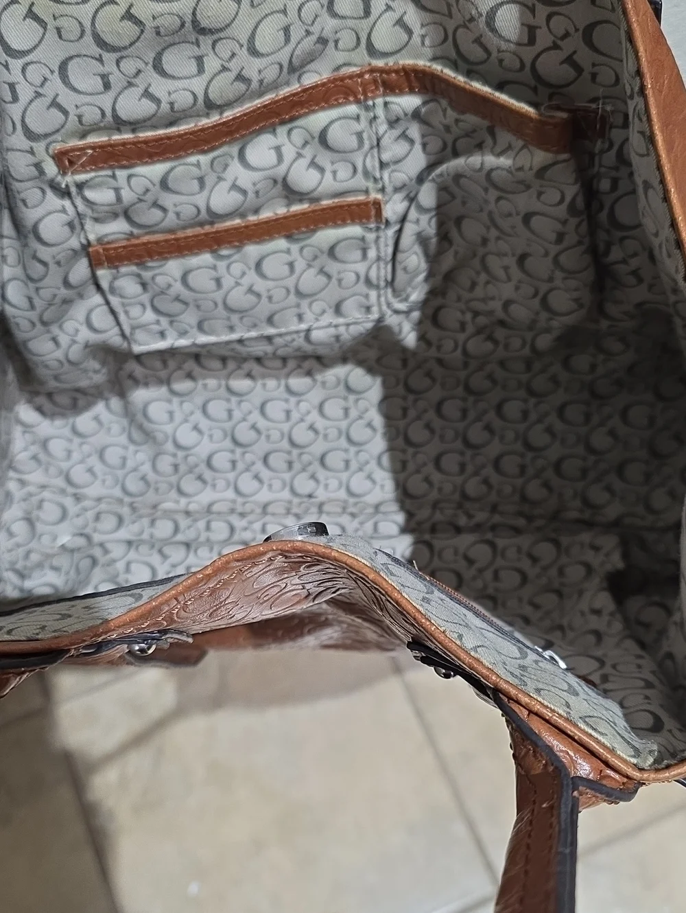 Guess Signature Embossed Leather Tote Bag in Cognac Brown